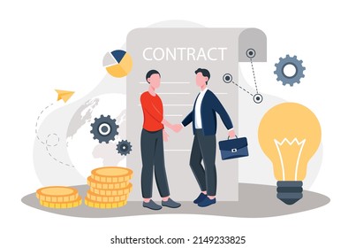 People shake hand. Entrepreneur and investor made deal, characters sign contract. Selling ideas, innovation. Documentation, partnership, agreement of companies. Cartoon flat vector illustration