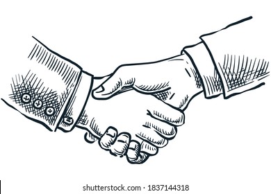 People shake hands. Vector hand drawn sketch illustration isolated on white background. Business partnership, success teamwork or contract agreement concept