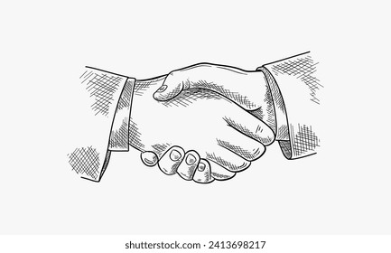 People shake hands. Vector hand drawn sketch illustration isolated on white background. Business partnership, success teamwork or contract agreement concept