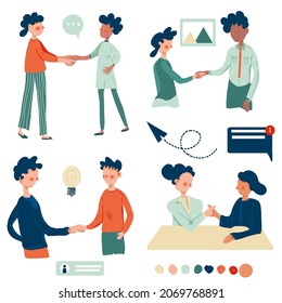 Gente estrechando la mano. Conjunto de hombres y mujeres, asociación empresarial. Ilustración vectorial plana.