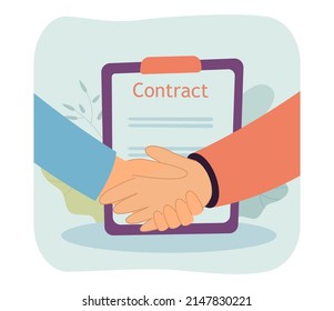 People shaking hands after signing contract. Businessmen making deal flat vector illustration. Agreement, partnership, investment concept for banner, website design or landing web page