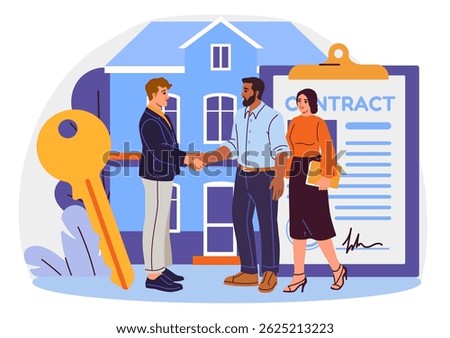 People shaking hands in front of house, holding contract, with large key and clipboard in background, symbolizing real estate agreement. Vector illustration