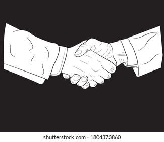 La gente está dándole la mano. Apretón de manos de dos hombres de negocios aislados sobre un fondo negro. Firma de un contrato, acuerdo. Ilustración vectorial.