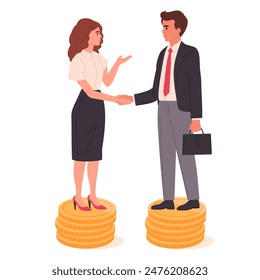 Personas dándose la mano en pilas de monedas de dólar. Empresario igualdad salarial, bienestar financiero Ilustración vectorial plana. Concepto de igualdad de ingresos de compañeros
