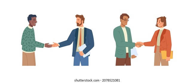 People shaking hands, partners making agreement. Business and professional workers, employees with employers. Set of team greeting and cooperating, friendship of colleagues. Vector in flat style