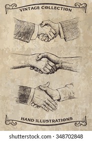 People shaking hands. Set of hand gestures. Retro styled design elements. Set of vintage style pen and ink illustrations 