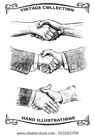 People shaking hands. Set of hand gestures. Retro styled elements. Vintage style pen and ink illustrations 