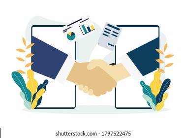 Menschen, die durch die Bildschirme auf dem Handy Hände schütteln. Handshake, Partnership oder Business Success Agreement - Illustration