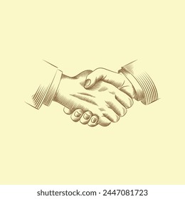 People shaking hands. Vector Illustration of handshake of two businessmen in retro engraving style.