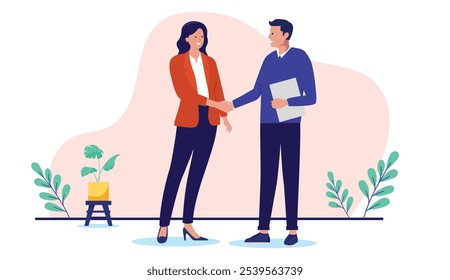 Pessoas apertando as mãos no trabalho - Dois empresários, homem e mulher fazendo aperto de mão no escritório no trabalho enquanto sorri sobre o acordo de negócios e negócio. Ilustração de stock de design plano sobre fundo branco