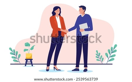 People shaking hands at work - Two businesspeople, man and woman doing handshake in office at work while smiling over business agreement and deal. Flat design stock illustration on white background