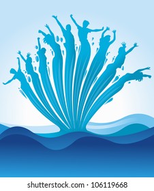 People in shape of blue water splash. Water background.