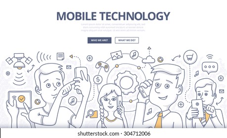 Menschen teilen digitale Informationen mit mobilen Geräten. Doodle Design-Stil Konzept der mobilen Technologie, drahtlose Kommunikation Lineare Illustration für Webbanner, Heldenbilder, Druckmaterialien