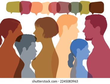 La gente comparte ideas y se comunica entre sí. Ilustración vectorial. Gente multiétnica y multicultural hablando y dialogando en una multitud.