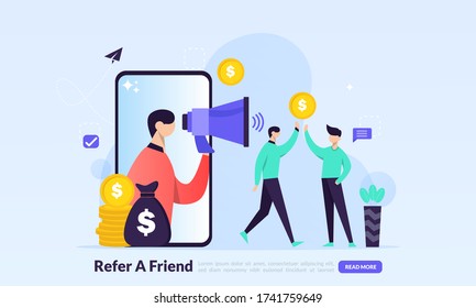 People share info about referral and earn money. Refer A Friend Concept, affiliate marketing, landing page template for banner, flyer, ui, web, mobile app, poster