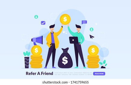 People share info about referral and earn money. Refer A Friend Concept, affiliate marketing, landing page template for banner, flyer, ui, web, mobile app, poster