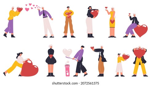 People share love, donating, care, valentines day concept. Characters carrying hearts, love massages or philanthropy vector illustration. People giving and sharing love. Charity and care love and help