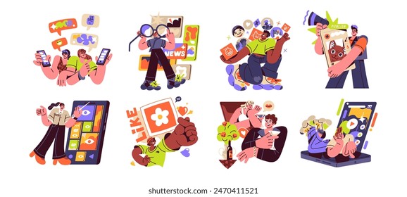 People share in social media, networks set. Men and women chat online, publish in internet, watching videos, scroll news by mobile phone. Business concept. Flat isolated vector illustrations on white