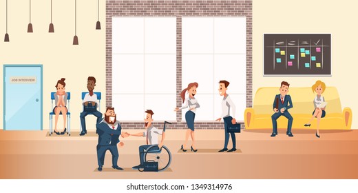 People at Shared Coworking Space, Creative Office. Team Work Together. Coworker in Casual and Formal Wear in Open Studio Interior Design. Business Meeting. Flat Cartoon Vector Illustration