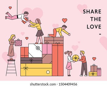 People sharing each other stacked gift boxes. Promotion Poster Concept. flat design style minimal vector illustration