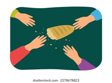 People sharing food vector illustration. Many hands reaching for crumbled bread on dark background. Food shortage, economic crisis, rising inflation, hunger and poverty concept