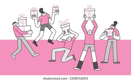 People Sharing Gift Hand Drawn Character Illustration