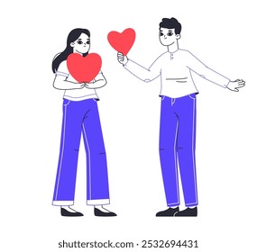 People sharing hearts. Romantic characters in love giving hearts to each other, Valentine's day love sharing flat vector illustration. Couple exchanging hearts