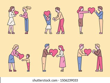 People sharing hearts with various people. flat design style minimal vector illustration.