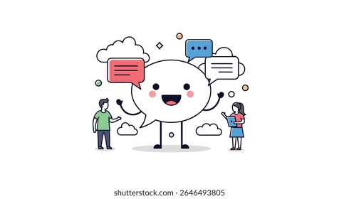 People sharing ideas and talking with cute character and speech bubbles with clouds