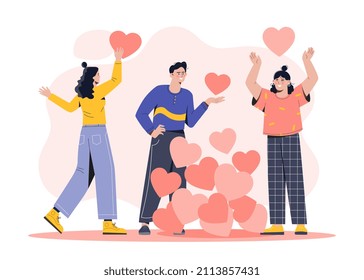 People sharing kidness and caring. Metaphor for kindness and charity, sympathetic and friendly characters. Friends send hearts, care and love to everyone, volunteers. Cartoon flat vector illustration