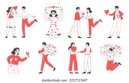 People sharing love, men and women carrying and giving hearts. Characters giving, donating love and care, love massages flat vector illustration set. Valentines day or philanthropy scenes collection