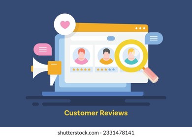 People sharing online reviews. Customer reviews for online business. SEO. Social media . Customer testimonials. Vector illustration background with icons