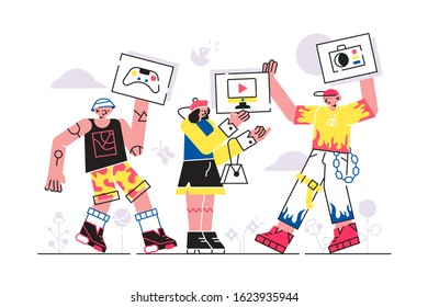 People sharing online vector illustration. Internet users exchanging games, audio and video files flat style design. Concept of share in social networks