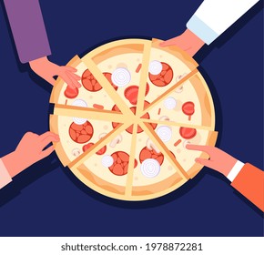 People sharing pizza. Child eat, girls eating in restaurant. Family lunch, cartoon hands touch fast food slices. Pizzeria delivery dinner utter vector concept