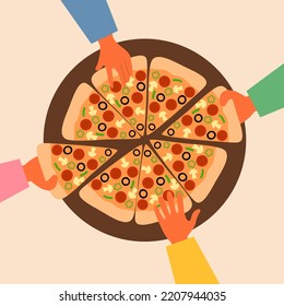 People sharing pizza for dinner in flat design. Food sharing.