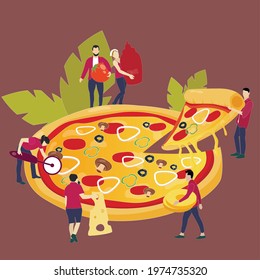 People sharing pizza dinner. Vector illustration. Tasty fast food cartoon, character with piece of pepperoni, eating and sharing snack, friendship party