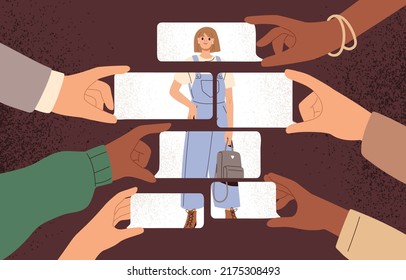 People sharing positive opinions, good comments about woman. Girl happy with feedback. Followers, fans admire, likes love and respect female. Public recognition concept. Flat vector illustration