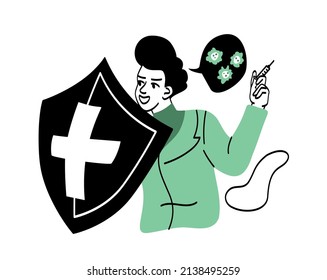 People with shields protecting. Doctor behind shield, specialist ready to treat for coroavirus. Caring for health of others, important specialist. Guy with syringe. Cartoon flat vector illustration