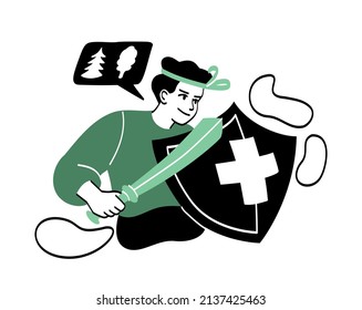People with shields protecting. Man with sword and shield. Environmental activist, environmental concern, forest. Trees and nature, fresh air. Caring for future. Cartoon flat vector illustration