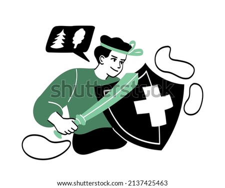 People with shields protecting. Man with sword and shield. Environmental activist, environmental concern, forest. Trees and nature, fresh air. Caring for future. Cartoon flat vector illustration
