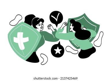 People with shields protecting. Two girls with shields shake hands with each other. Symbol of greeting of ancient knights, safety and protection. Medieval traditions. Cartoon flat vector illustration