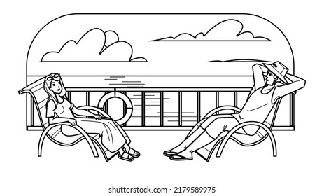 people ship deck vector. summer cruise, boat travel, sea vacation, terrace person people ship deck character. people black line pencil drawing vector illustration