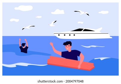 People shipwrecked flat vector illustration. Two men drowning in open sea, holding on to wooden board, yacht in background. Danger, risk, disaster, swimming, ocean, nature concept for banner design