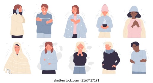 People shiver and hate winter cold weather set vector illustration. Cartoon young man and woman feeling unwell, characters standing in warm outfit or under plaid isolated white. Hypothermia concept