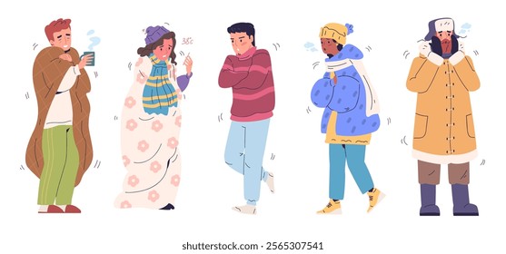 People shiver. Man woman shivering with cold in winter or autumn weather, freezing guys shaking warm clothes scarf parka and blanket coldness outdoor set classy vector illustration original artwork