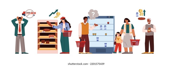 People shocked and disappointed with food prices in grocery stores, flat vector illustration isolated on white background. Food and economic crisis, rising prices.