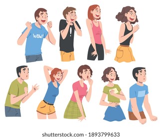 Gente con un conjunto de expresiones de caras impactadas, reacción emocional, concepto de estado de ánimo de la gente, personajes sorprendidos y sorprendidos personajes de dibujos animados Ilustración vectorial