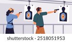 People shoot at targets in shooting range. Marksmanship training. Gunshots sound protection. Shooters with pistols. Snipers competition. Persons aiming with guns. Garish