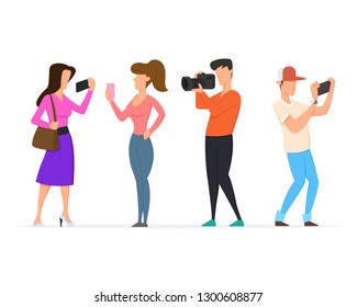 People shoot video and photos on smartphones, phones and cameras. Vector illustration in flat style.