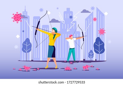 People shoot viruses with a crossbow. The victory of mankind over a pandemic, coronavirus lockdown ending metaphor. Flat Art Vector Illustration